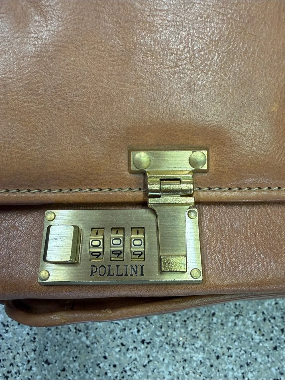 Pollini Tan Leather Men's Briefcase with Gold Hardware - Vintage!